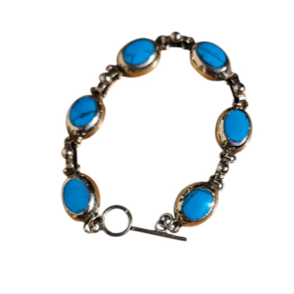 Vintage Mexico 925 Sterling Turquoise Cabochon 7" Bracelet . Only Turquoise One - Picture 3 of 10